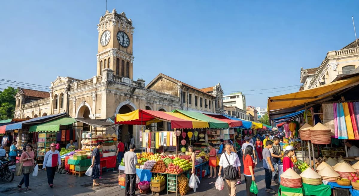 Chợ Bến Thành, biểu tượng Sài Gòn, tháp đồng hồ, khu chợ truyền thống đông đúc và nhộn nhịp.