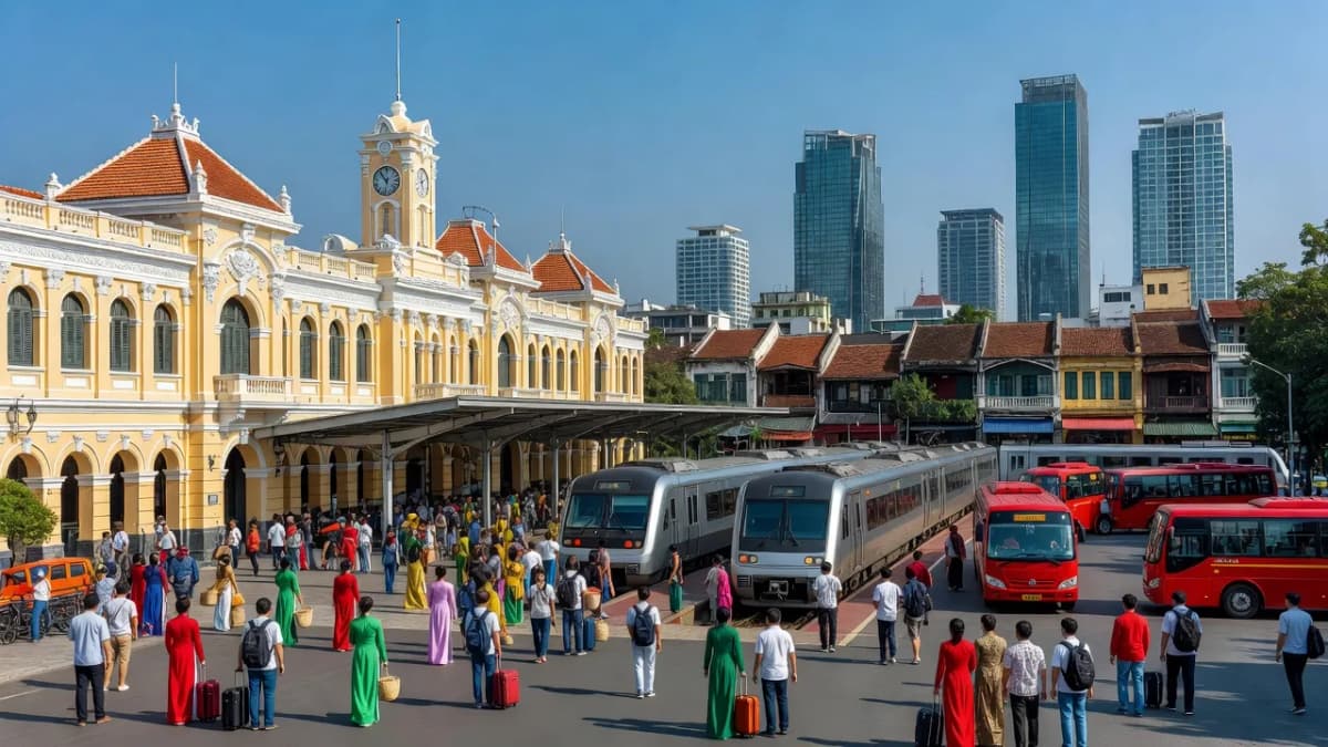 Ga Sài Gòn với kiến trúc đẹp, đám đông và phương tiện giao thông nhộn nhịp tại Thành phố Hồ Chí Minh.