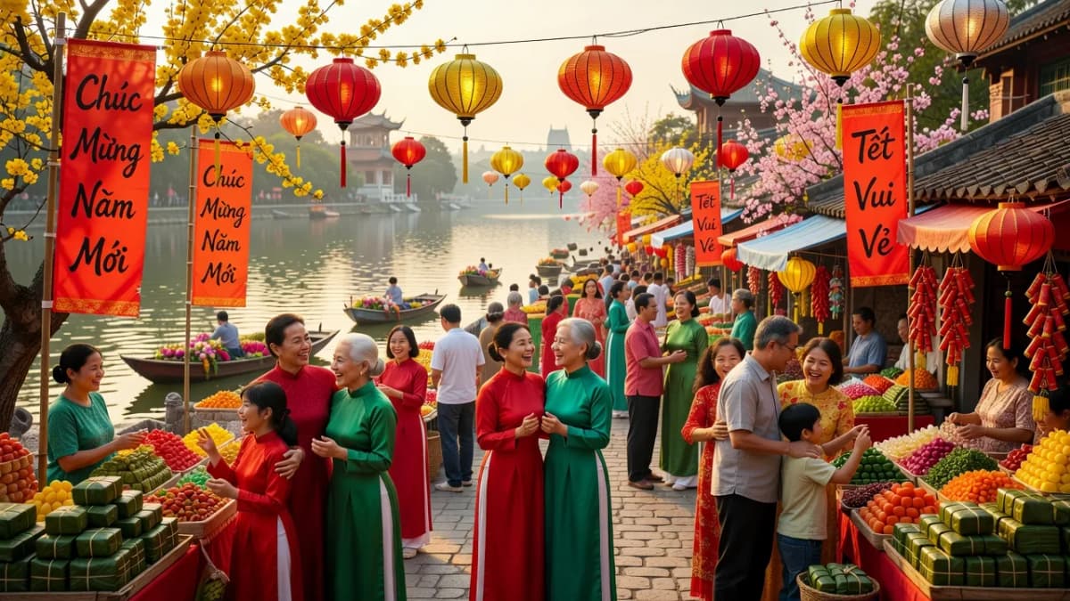 Cảnh sắc Tết Nguyên Đán Việt Nam, đèn lồng và chợ Tết rộn ràng, thể hiện không khí sum họp gia đình.