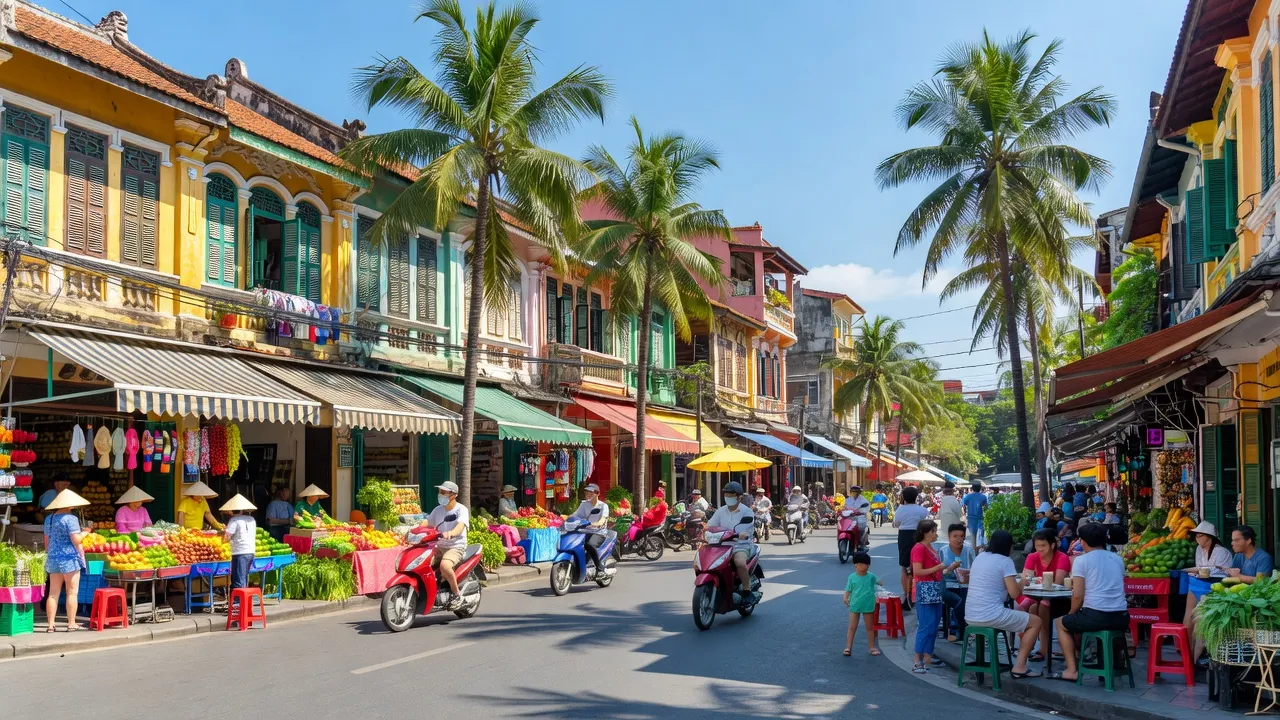 Cảnh đường phố nhộn nhịp TP Hồ Chí Minh với kiến trúc đẹp và thời tiết nắng ấm.