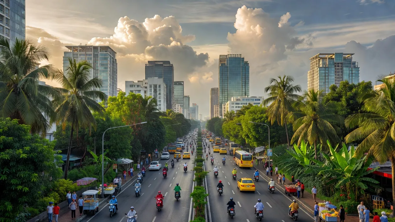Thành phố Hồ Chí Minh với các tòa nhà hiện đại và thời tiết ấm áp của gió mùa Tây Nam.