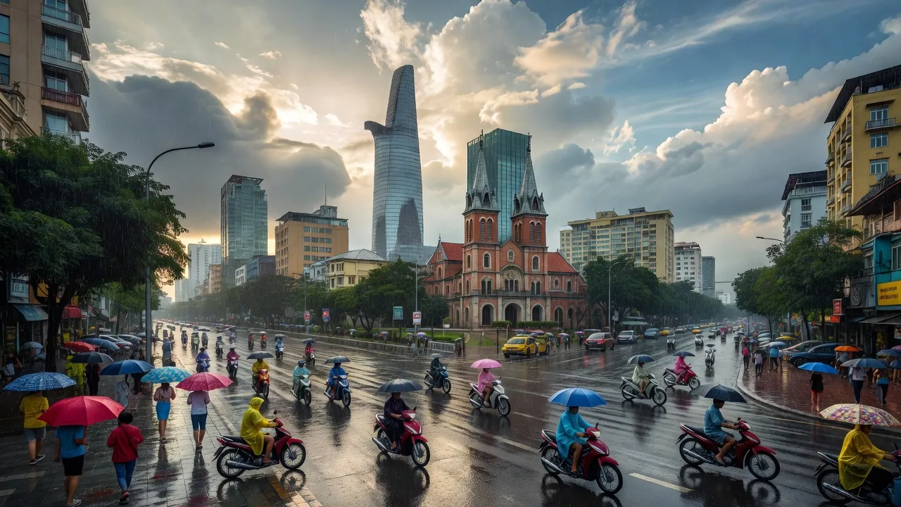 Thời tiết mưa, biểu tượng TP.HCM như Bitexco, nhiệt độ 26-36 độ C ngày 23/6.