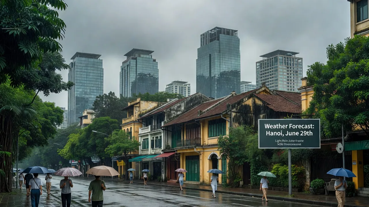 Thời tiết Hà Nội ngày 29/6 với cảnh quan thành phố, bầu trời âm u và người mang ô.