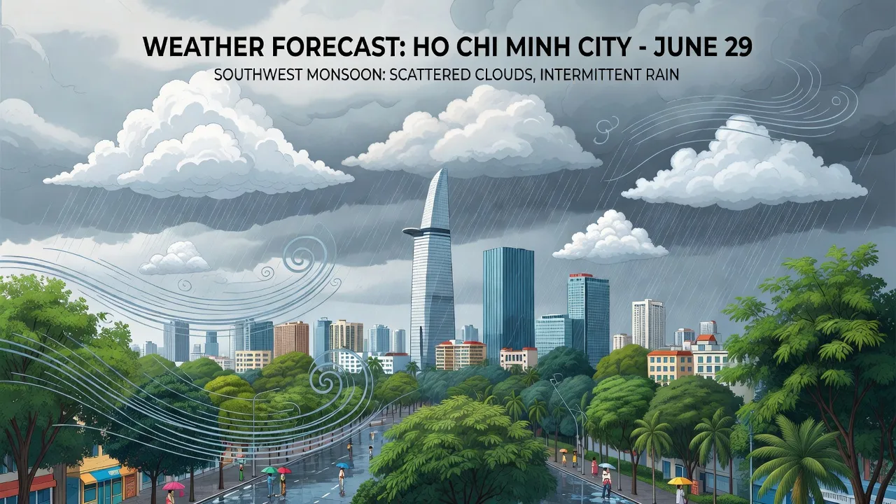 Dự báo thời tiết Hồ Chí Minh ngày 29/6 với mây, mưa và không khí ẩm ướt.
