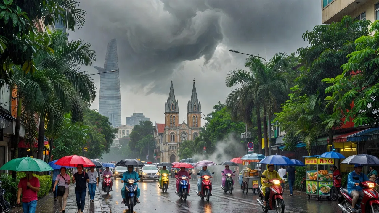 Thời tiết Hồ Chí Minh ngày 29/6, nhiều mây và mưa rào, người dân với ô.