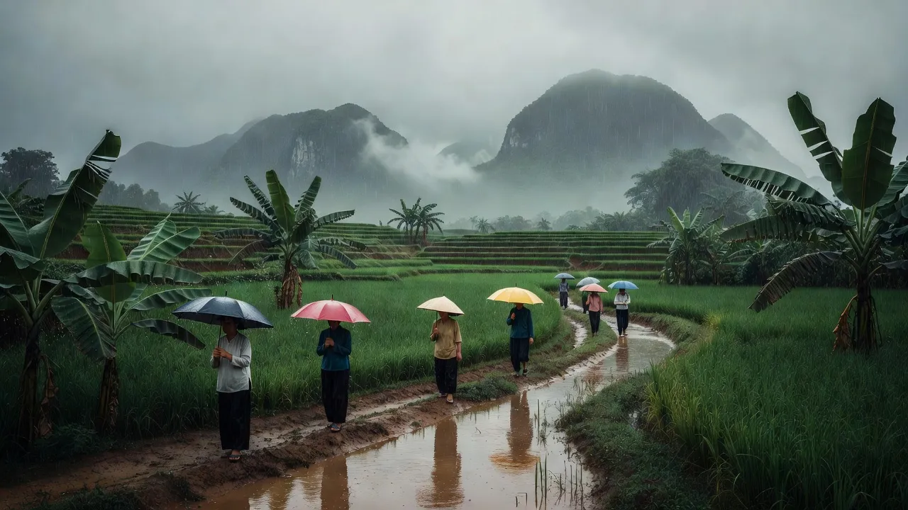 Dự báo thời tiết ngày 3/7 tại Việt Nam với mưa rào, bầu trời nhiều mây và người mang ô.