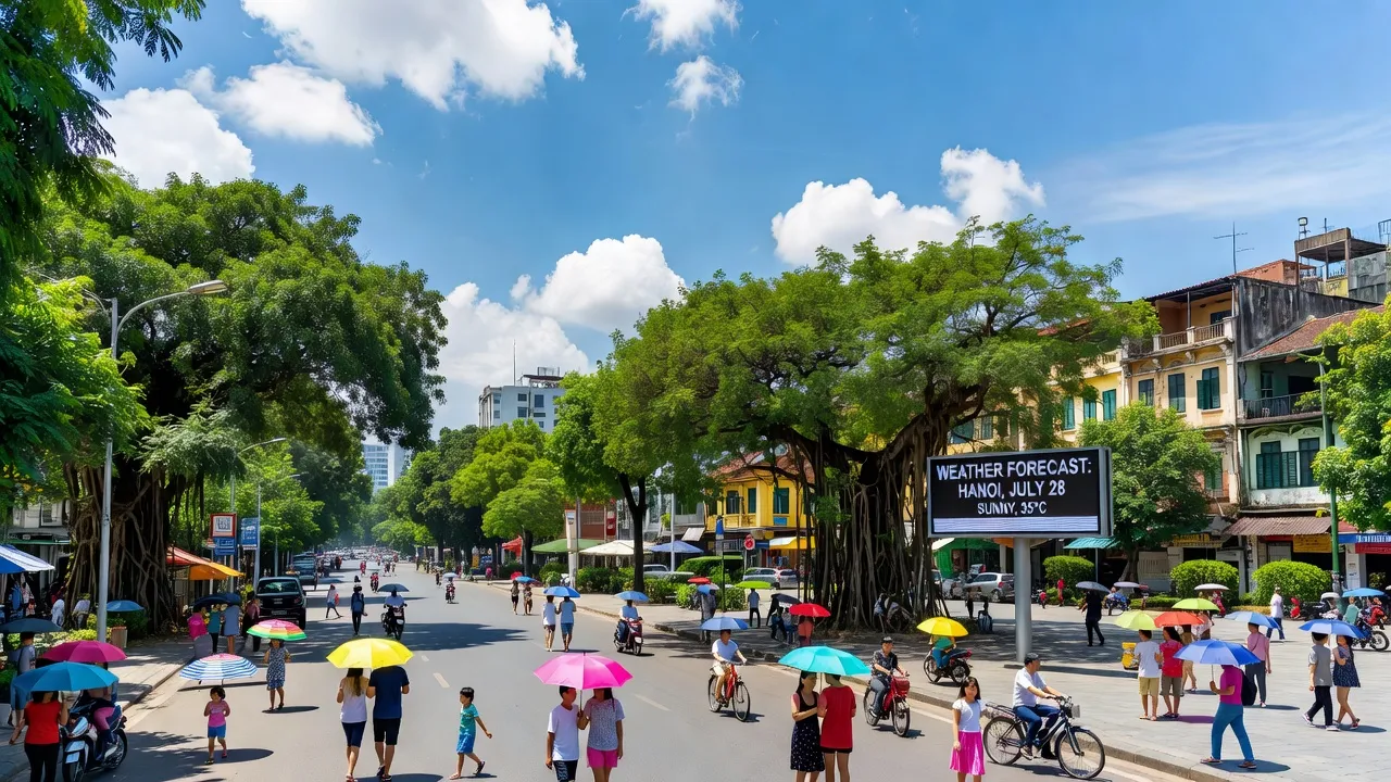 Dự báo thời tiết Hà Nội 28/7, ngày nắng nóng với mưa dông, người dân hoạt động ngoài trời.