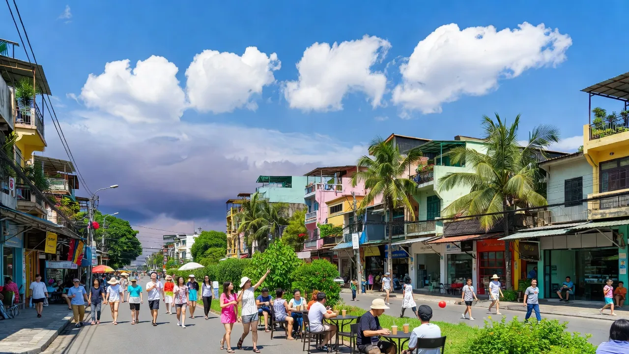 Thời tiết Hà Nội ngày 28/7, nắng nóng, trời xanh và mây, người dân hoạt động ngoài trời.