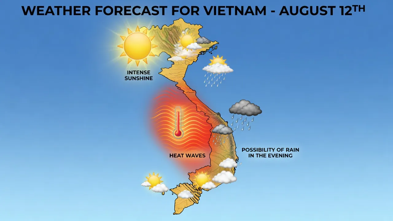 Dự báo thời tiết ngày 12/8 tại Việt Nam với nắng nóng miền Bắc và mưa ở miền Trung.