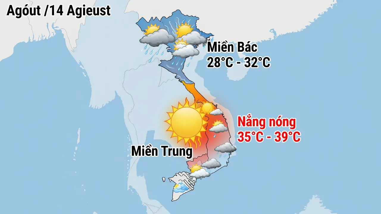 Dự báo thời tiết ngày 14/8 tại Việt Nam, miền Bắc có mưa, miền Trung nắng nóng.