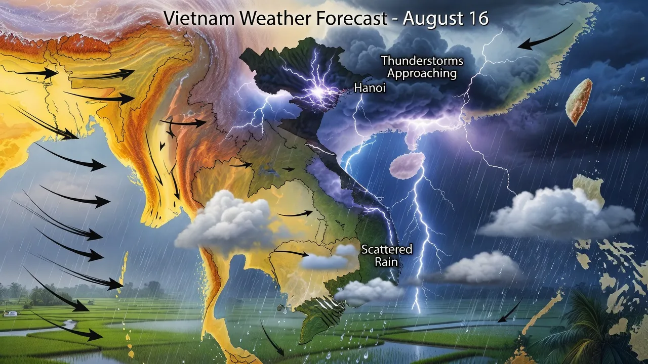 Dự báo thời tiết ngày 16 tháng 8 tại Việt Nam với mưa, dông và thiên tai.