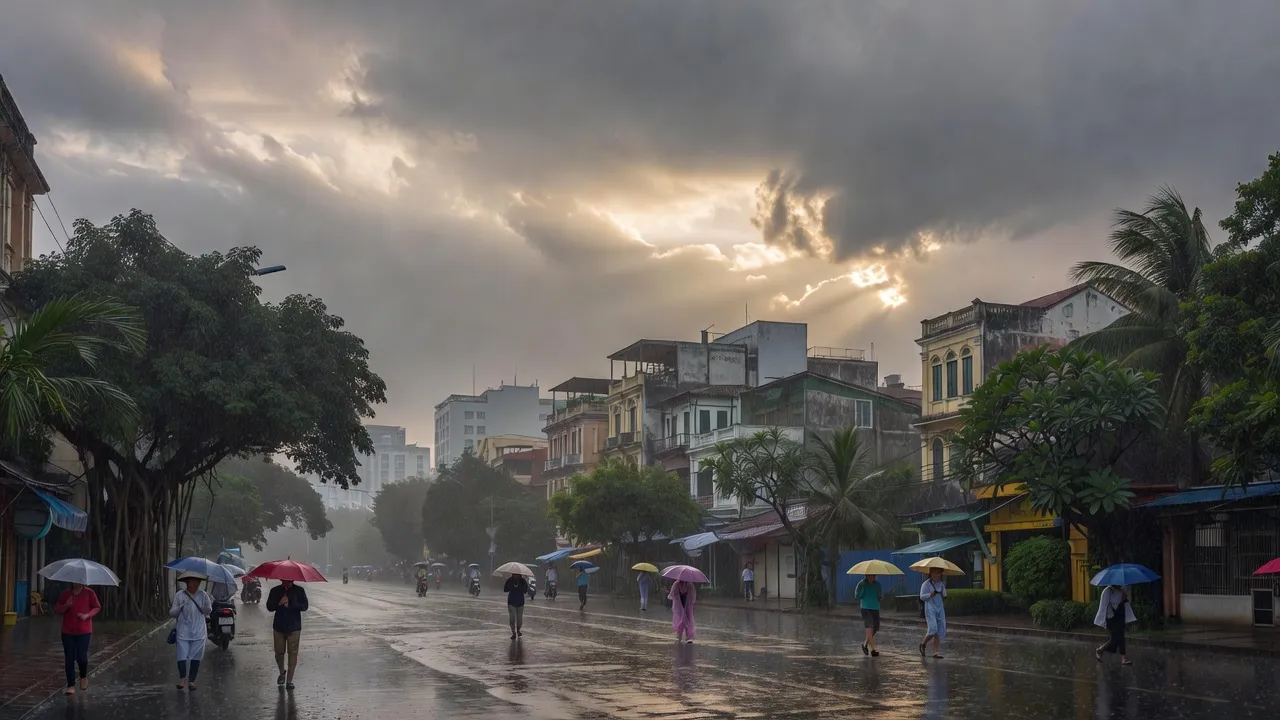 Dự báo thời tiết Hà Nội 22/8, có mây, mưa rào, cảnh quan đô thị với người mang ô.