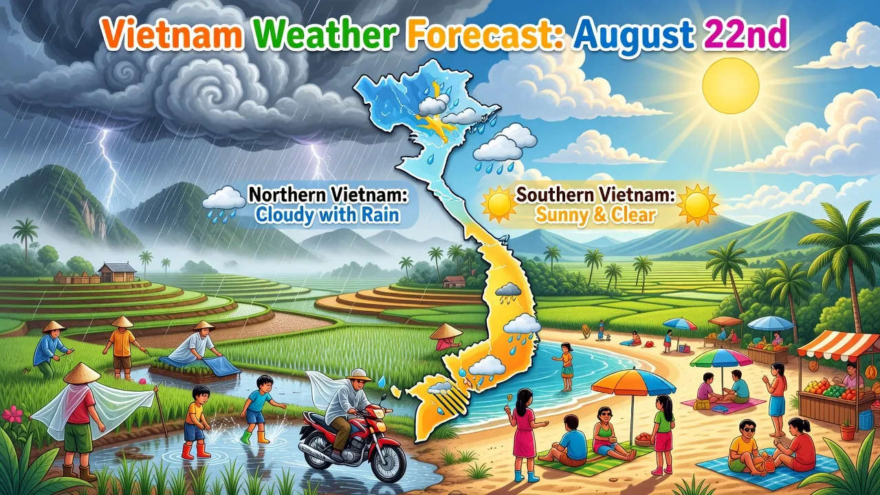 Dự báo thời tiết ngày 22/8 tại Việt Nam với mây, mưa dông, và nắng nóng.