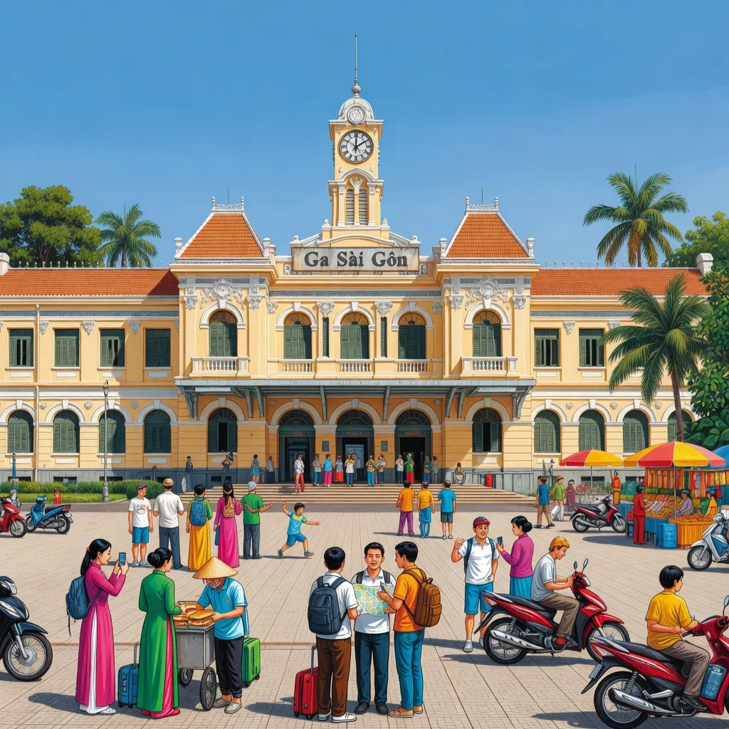 Ga Sài Gòn, nhà ga lịch sử với kiến trúc đẹp và hoạt động nhộn nhịp của hành khách.