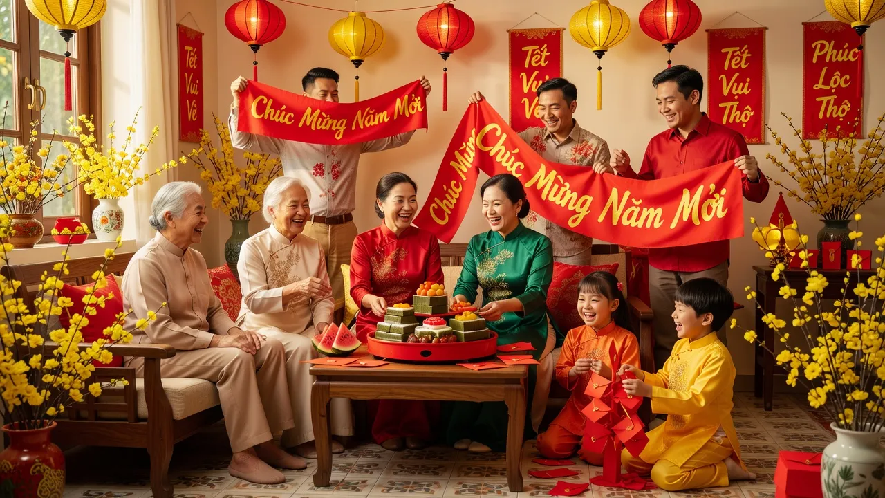 Gia đình Việt Nam sum vầy trong Tết Nguyên Đán 2027, không khí lễ hội ấm cúng và rực rỡ.