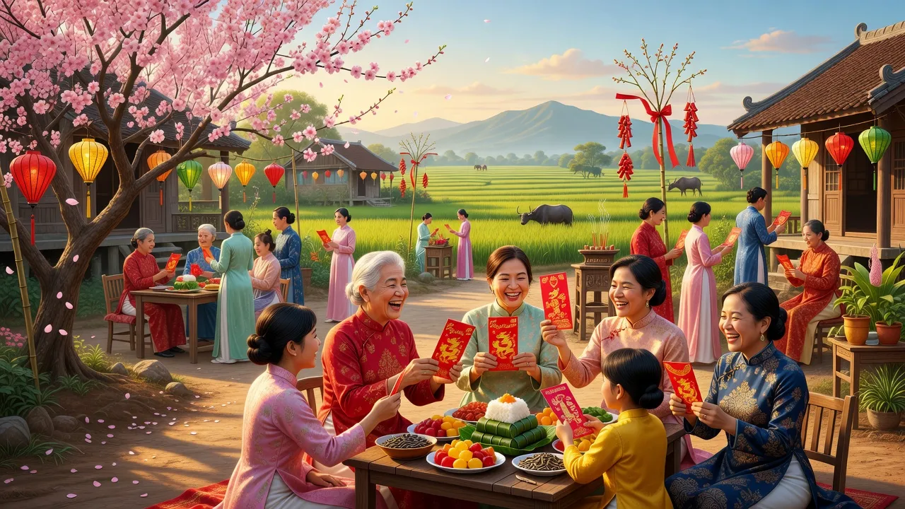 Khung cảnh Tết Nguyên Đán tại Việt Nam với những gia đình sum vầy và trang trí đặc trưng.