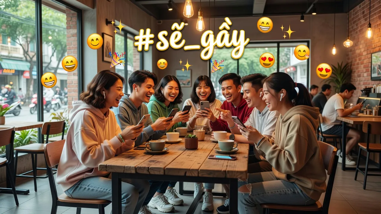 Hình ảnh người trẻ sử dụng điện thoại tại quán cà phê, biểu hiện sự vui vẻ trong xu hướng xã hội Việt Nam.