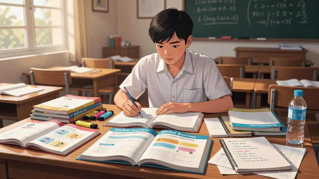 Học sinh Việt Nam đang học Tiếng Anh với sách Global Success trong lớp học đầy ánh sáng.