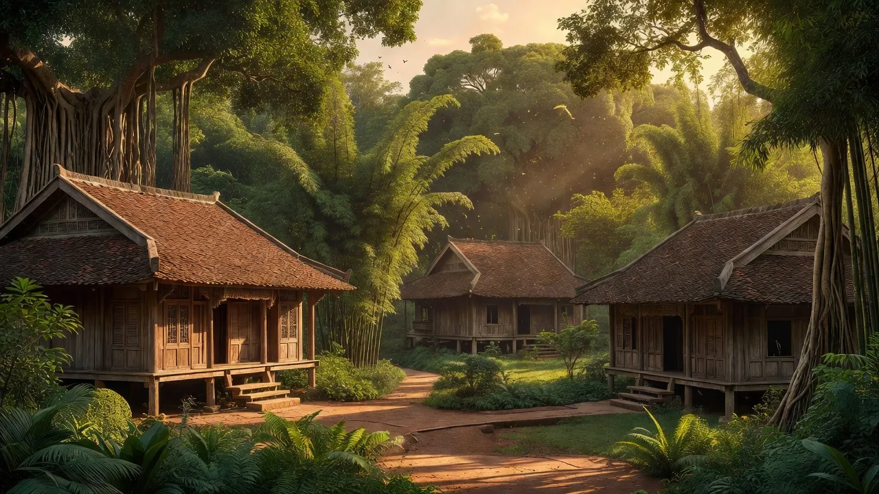 Ngôi làng cổ Việt Nam với kiến trúc truyền thống, tượng trưng cho mệnh Hỏa Đinh Mão 1987.