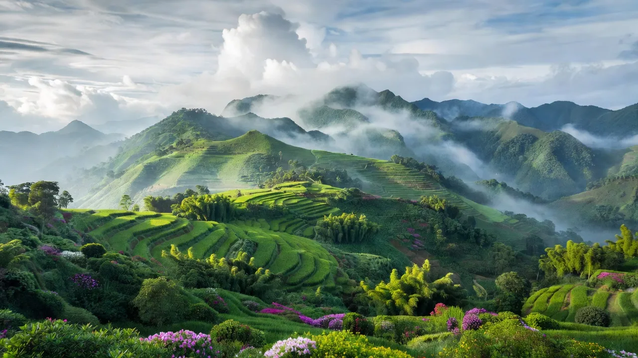 Khung cảnh thiên nhiên núi cao Việt Nam, khí hậu ôn đới gió mùa với cây cối xanh tươi.