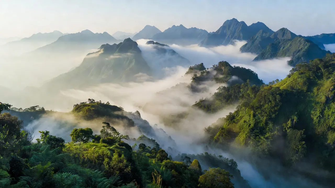 Phong cảnh núi cao Việt Nam với khí hậu ôn đới gió mùa, cây xanh và sương mù.