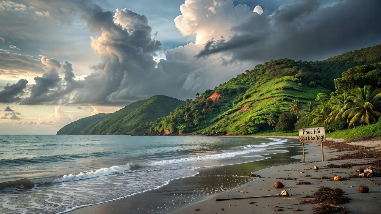 Bãi biển Việt Nam sau cơn bão Yagi với bầu trời nhiều mây và sóng nhẹ.