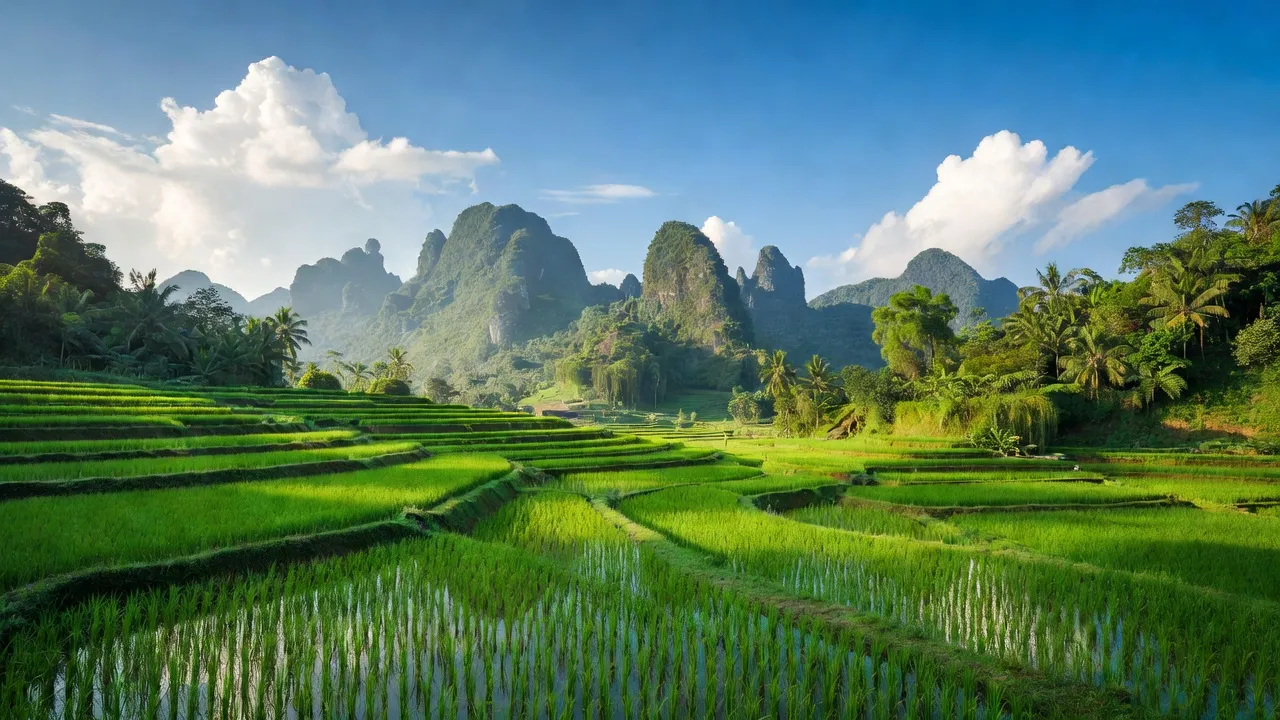 Khung cảnh nhiệt đới gió mùa Việt Nam với cánh đồng xanh mướt và bầu trời trong xanh.