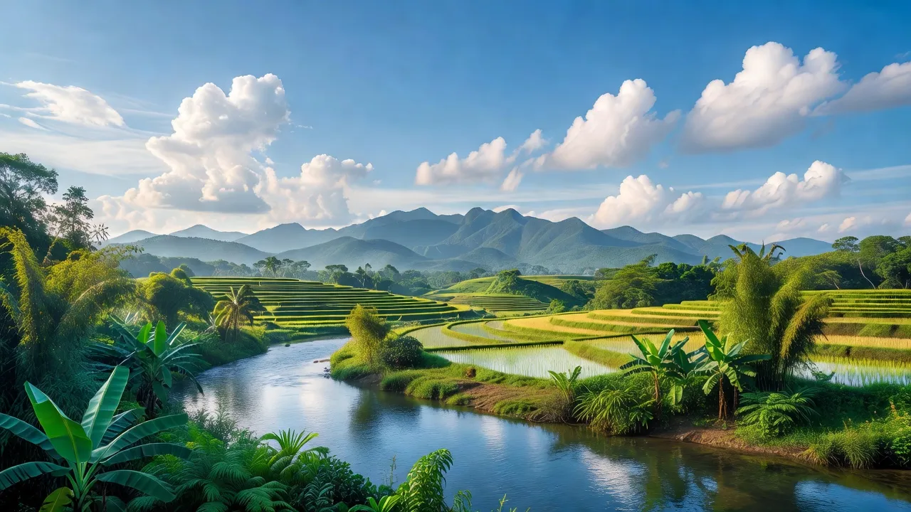 Khung cảnh thiên nhiên tại Việt Nam với khí hậu nhiệt đới, ruộng bậc thang và sông nước yên bình.