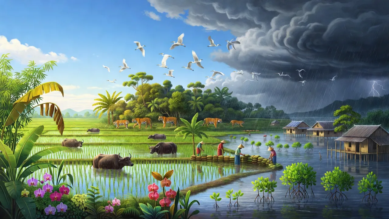Bức tranh minh họa ảnh hưởng của biến đổi khí hậu tại Việt Nam với thiên nhiên phong phú.