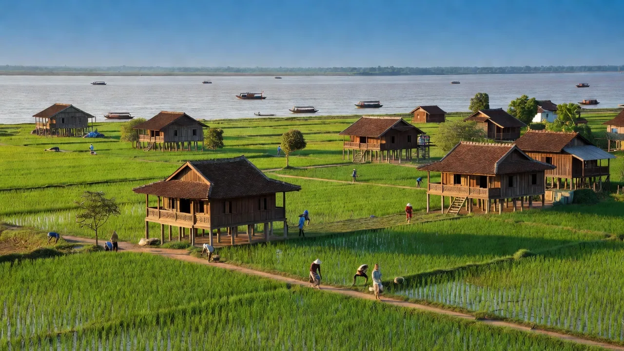 Huyện An Phú, Tỉnh An Giang với cánh đồng xanh, nhà gỗ và sông Mekong, khung cảnh tươi đẹp.