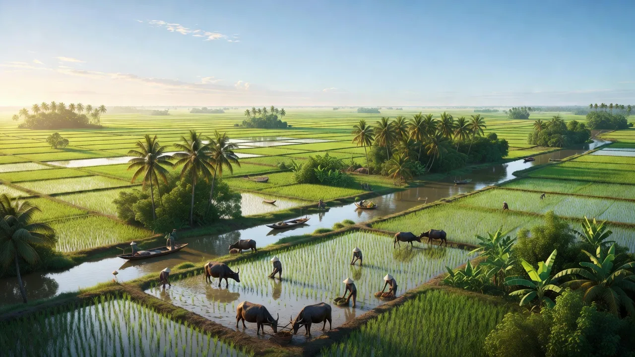 Khung cảnh sống động của Huyện An Phú, Tỉnh An Giang, đồng bằng sông Cửu Long và hoạt động nông nghiệp.