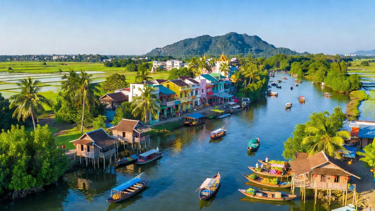 Khung cảnh thành phố Châu Đốc, An Giang với dòng sông, cây cối xanh tươi và kiến trúc địa phương.