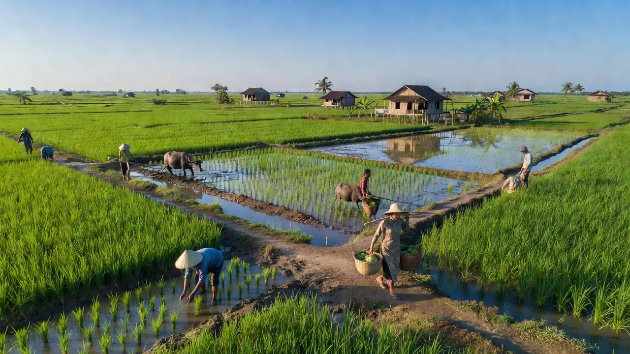 Cảnh quan huyện Châu Phú, An Giang, với ruộng đồng và sông nước yên bình, người dân làm nông.