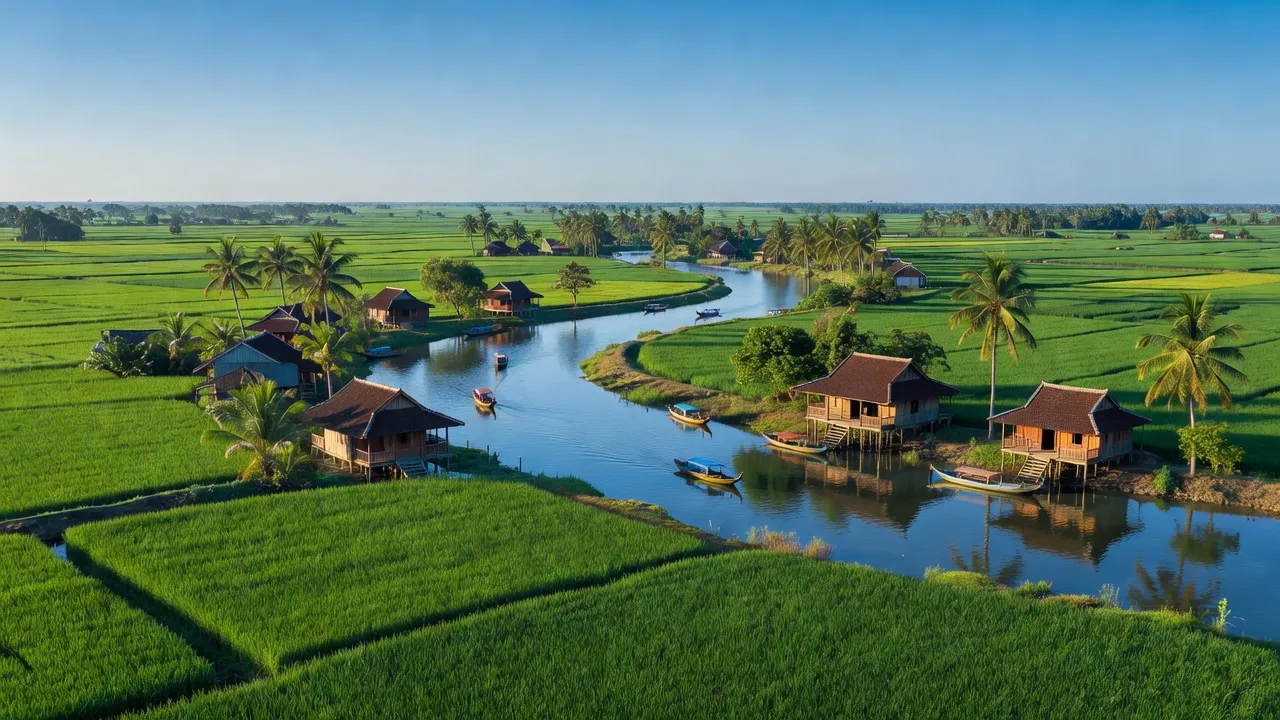 Toàn cảnh huyện Châu Phú, An Giang với ruộng xanh, sông nước trong xanh, và nhà truyền thống.