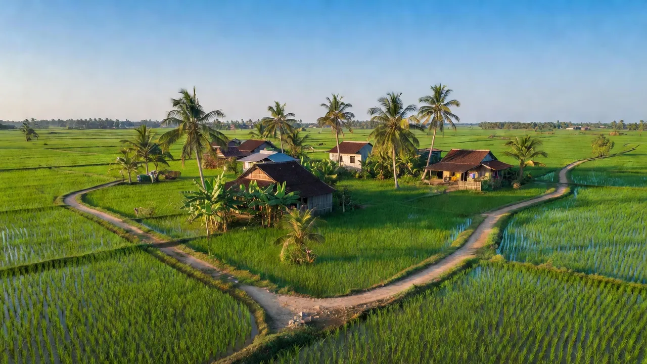 Cảnh đẹp Huyện Châu Thành, An Giang với cánh đồng xanh và bầu trời trong xanh, mô tả cuộc sống nông thôn Việt Nam.