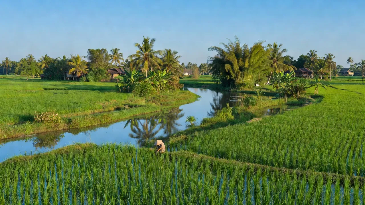 Khung cảnh huyện Châu Thành, An Giang với cánh đồng xanh mướt và dòng sông êm đềm.