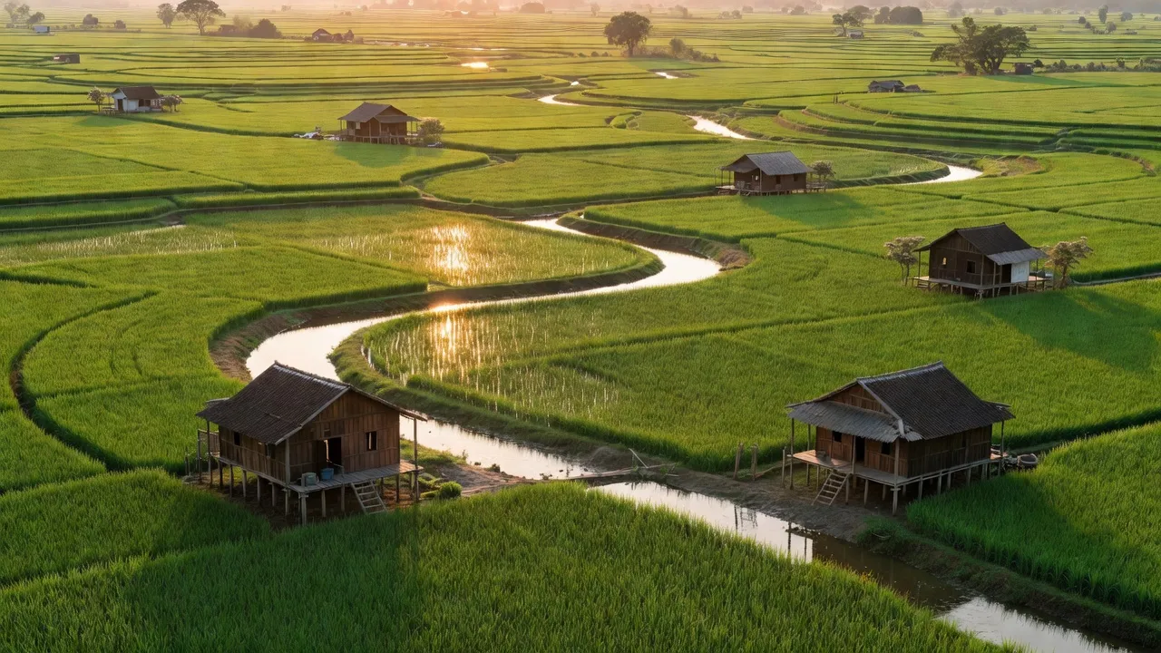 Khung cảnh huyện Chợ Mới, An Giang với cánh đồng xanh, sông, và nhà truyền thống, thể hiện vẻ đẹp nông thôn.