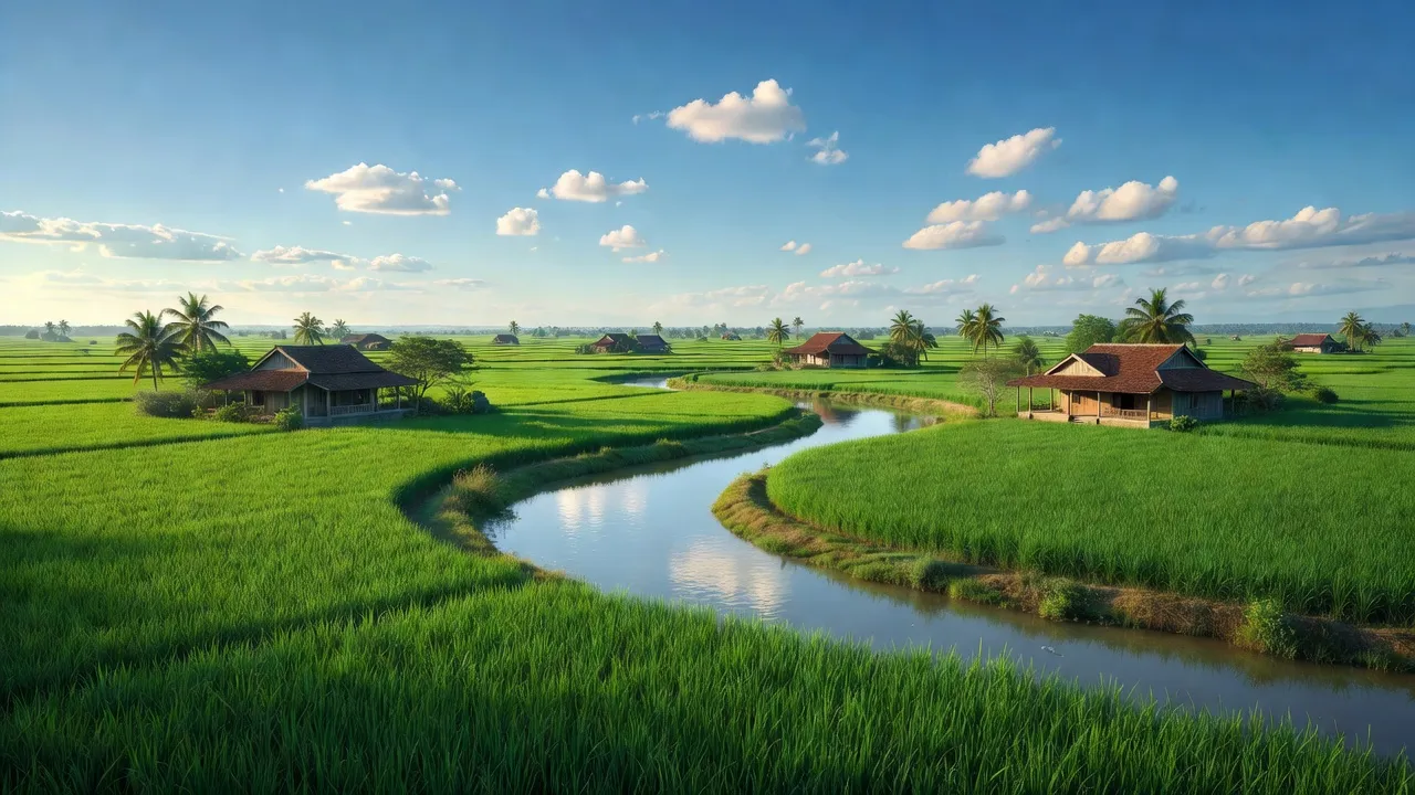 Khung cảnh tuyệt đẹp huyện Chợ Mới, tỉnh An Giang với ruộng lúa xanh và sông nước trong lành.