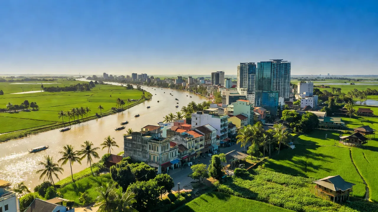 Khung cảnh Thành phố Long Xuyên, An Giang với sông Hậu và kiến trúc đô thị độc đáo.