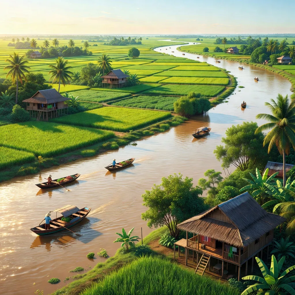 Cảnh đẹp huyện Phú Tân, An Giang với sông Tiền, đồng quê và nhà truyền thống.