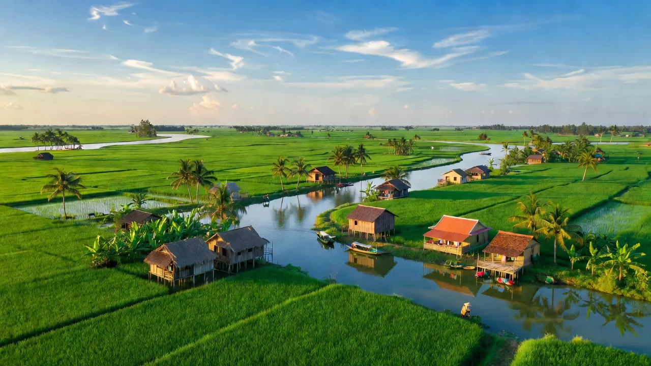 Khung cảnh huyện Phú Tân, An Giang với cánh đồng xanh, sông Tiền và nhà nông thôn truyền thống.