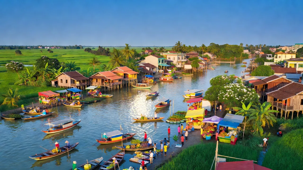 Cảnh quan Thị xã Tân Châu, An Giang với sông nước, nhà truyền thống và không khí tươi sáng.