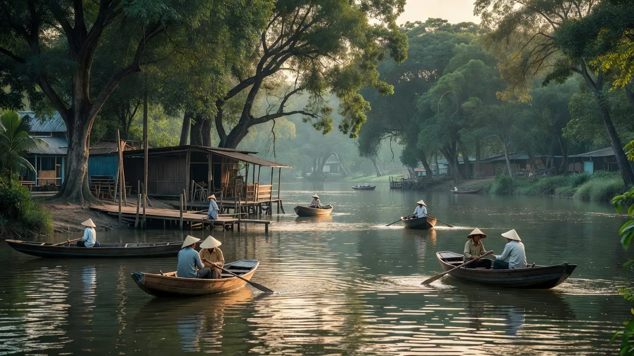 Khung cảnh thị xã Tân Châu, tỉnh An Giang với dòng sông Tiền và hoạt động sông nước.