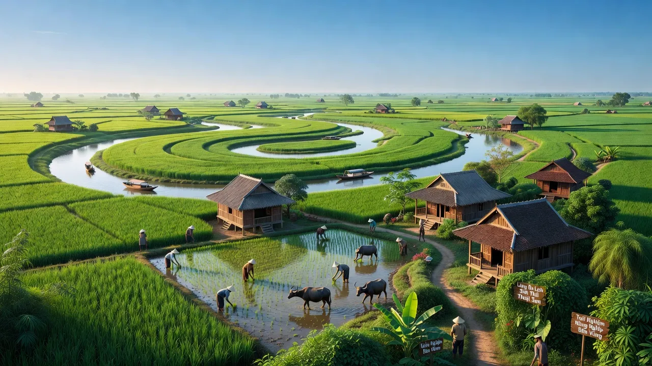 Cảnh quan huyện Thoại Sơn, An Giang với cánh đồng lúa và nhà truyền thống Việt Nam.