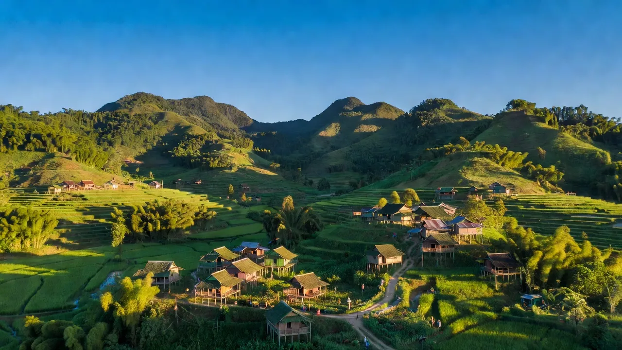 Cảnh đẹp huyện Tri Tôn, An Giang với đồi núi, làng quê và bầu trời xanh, thể hiện sự đa dạng văn hóa.