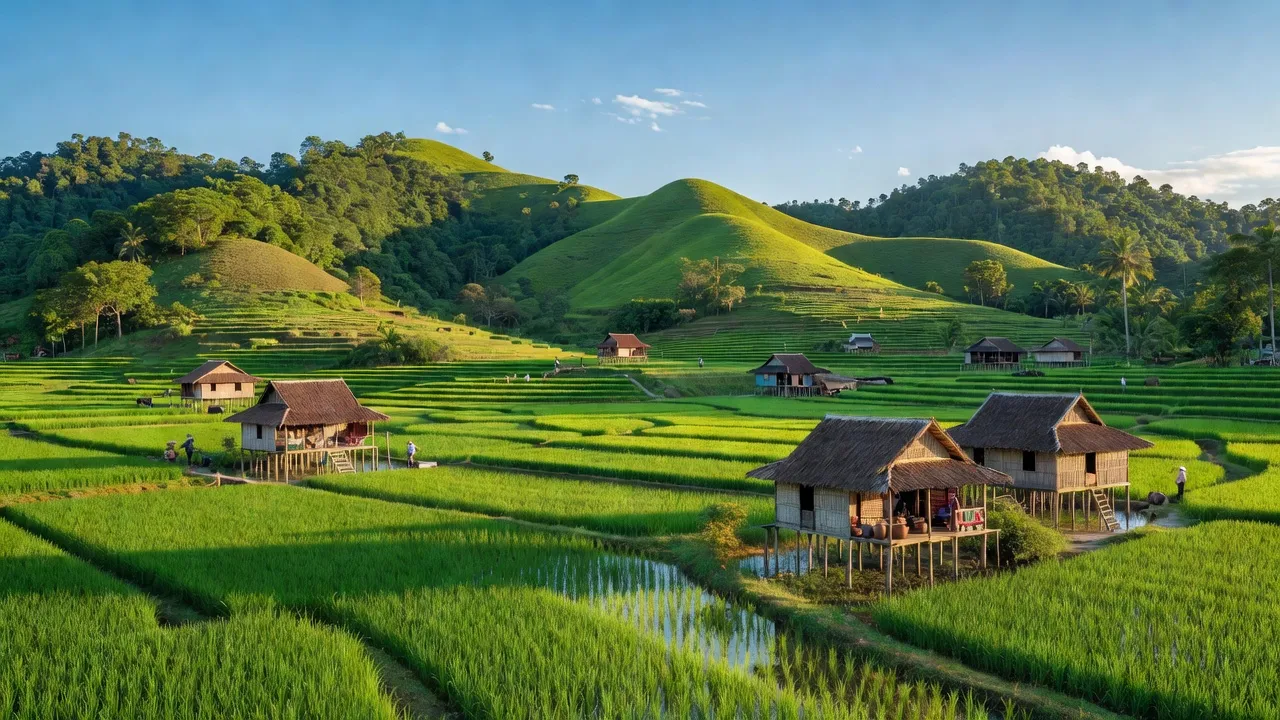 Khung cảnh huyện Tri Tôn, tỉnh An Giang với đồi núi, ruộng lúa và nhà sàn truyền thống.