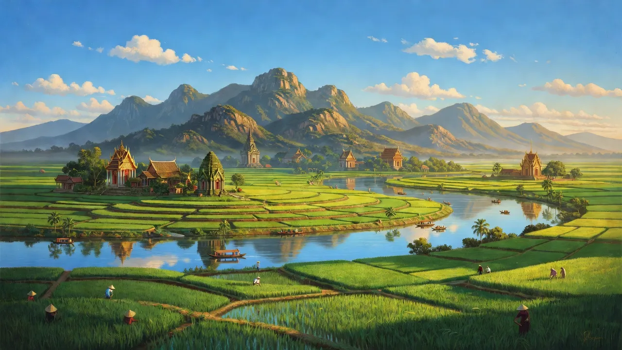 Khung cảnh đẹp của tỉnh An Giang, núi non, đồng ruộng và di tích tâm linh nổi bật.