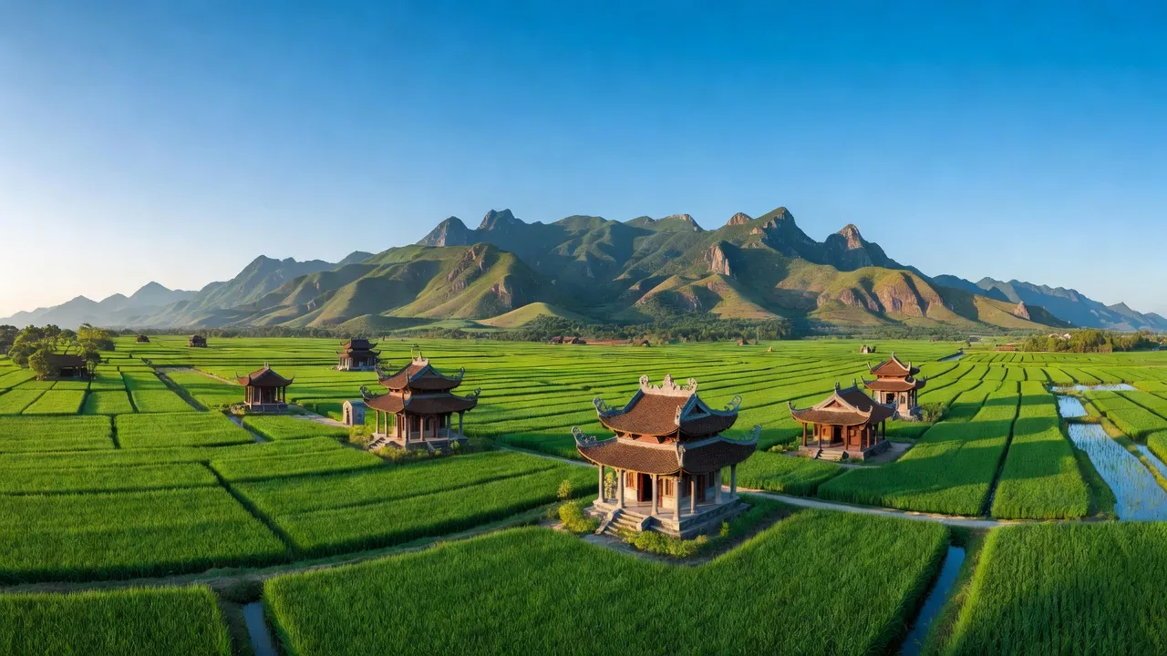 Phong cảnh An Giang với núi Bảy Núi, đồng bằng xanh tốt, đền chùa và không gian tươi sáng.