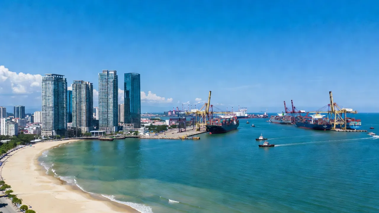 Thành phố Phú Mỹ, Bà Rịa - Vũng Tàu với cảnh quan hiện đại và hoạt động cảng biển sôi nổi.