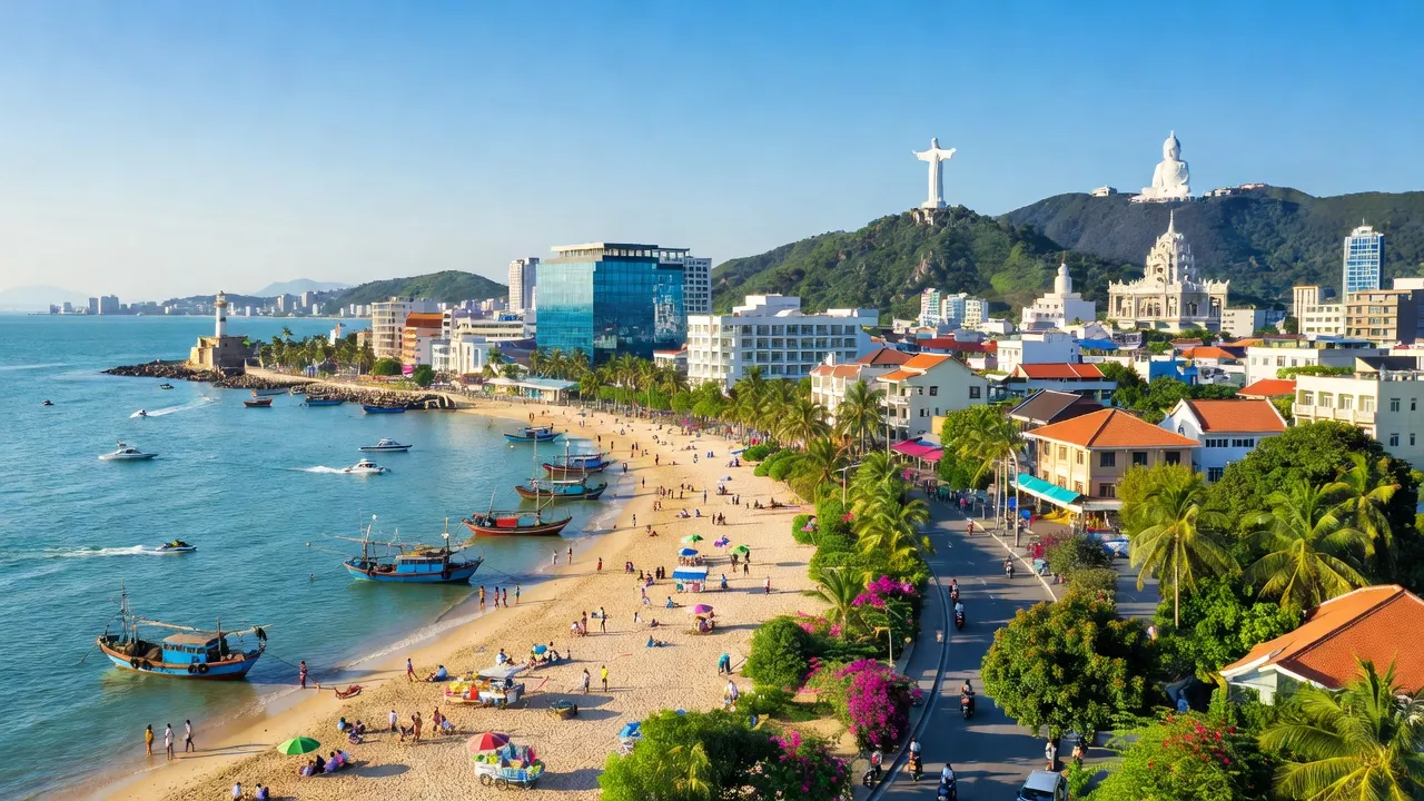 Khung cảnh thành phố Vũng Tàu với bãi biển và cảnh vật tuyệt đẹp, biểu thị du lịch biển.